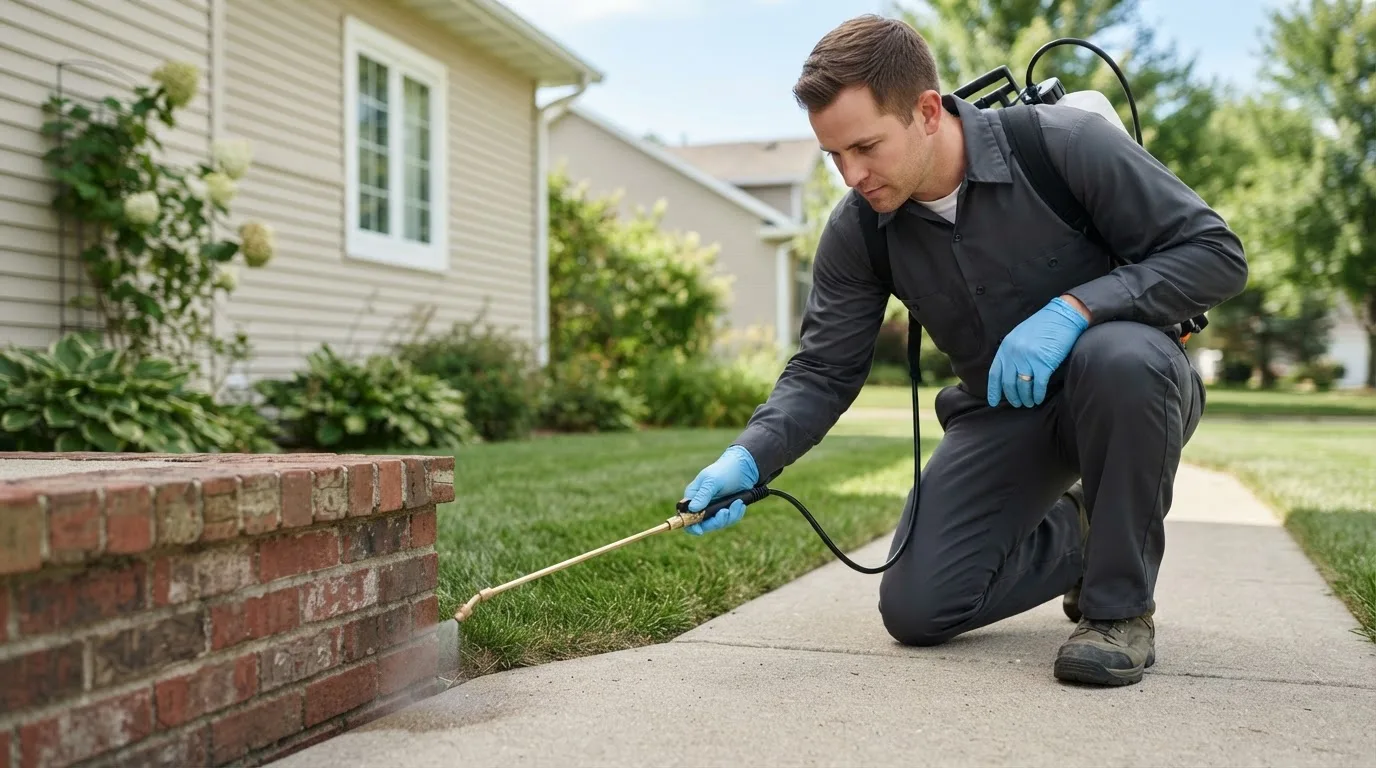 Pest control technician treating a home near Grand Island, NY